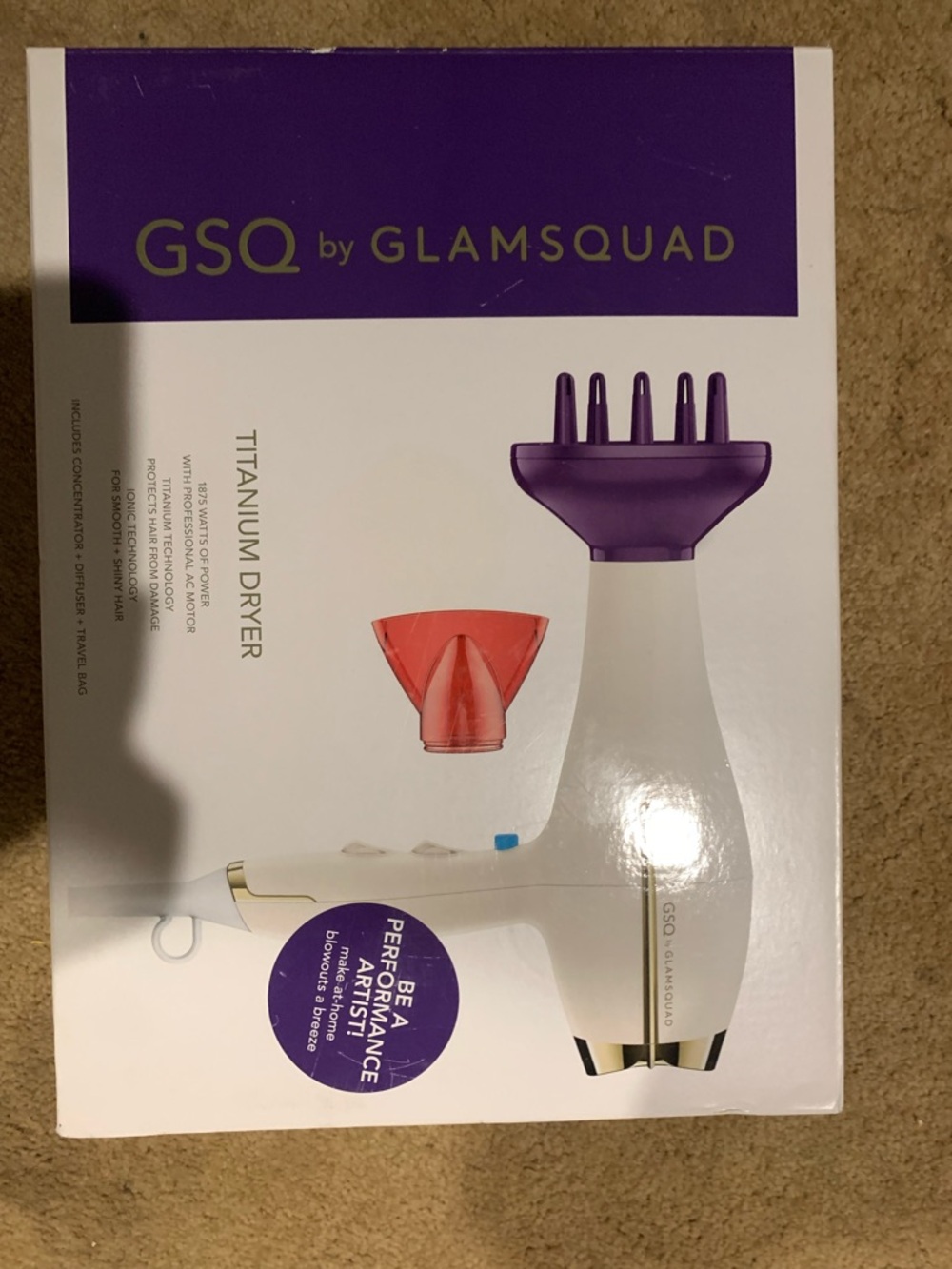 GSQ by Glamsquad White and Purple Titanium Hair Dryer with Diffuser